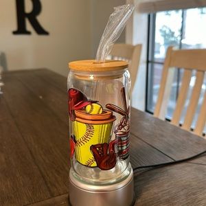 NEW - UV DTF Softball design 16oz can shaped glass cup .